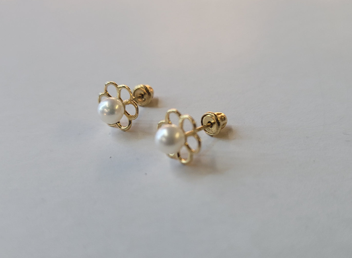 14K Gold Petals and Cultured Pearls Studs Screw Back Earrings