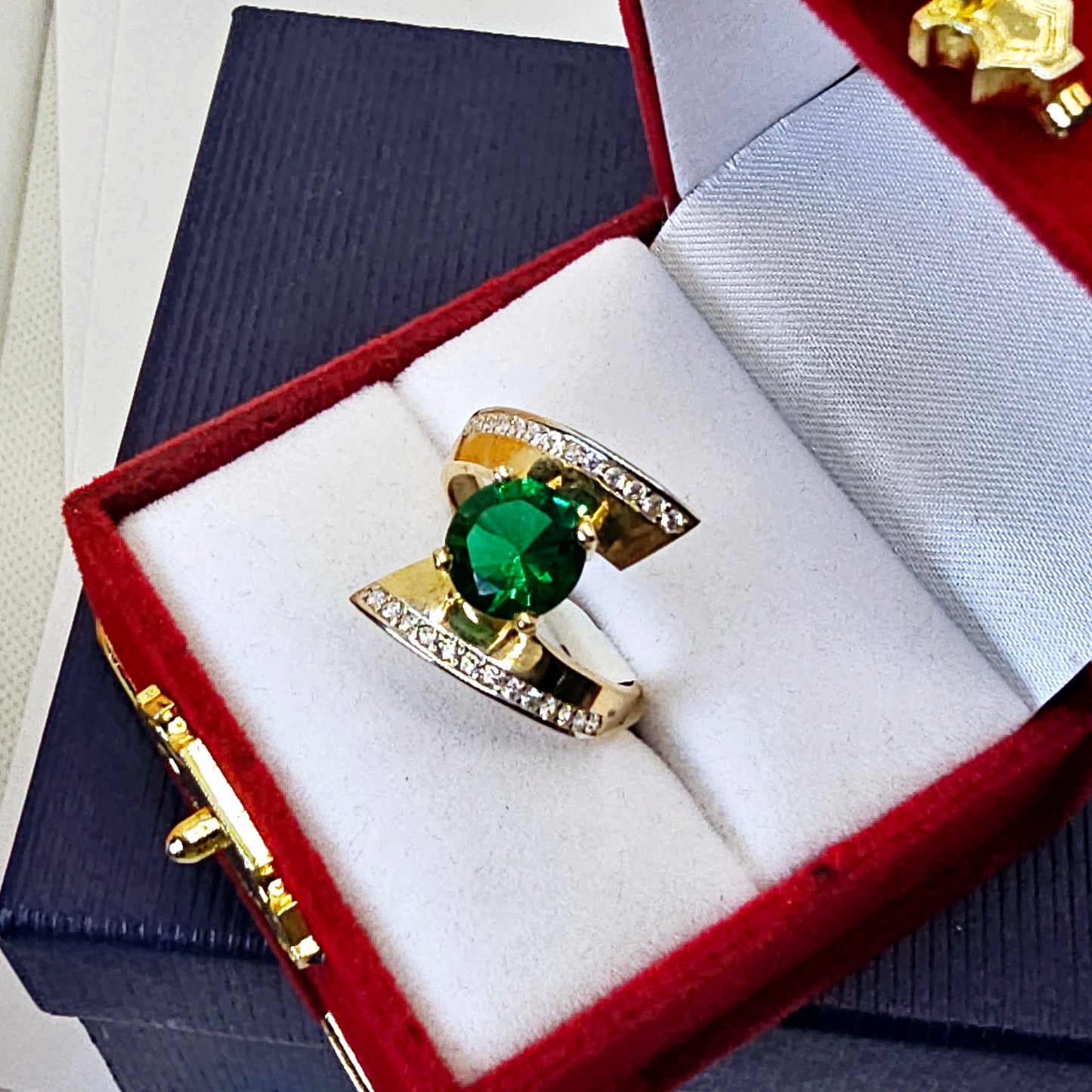 Fancy Lady Ring Green Color CZ May Yellow Gold 14k Size 7