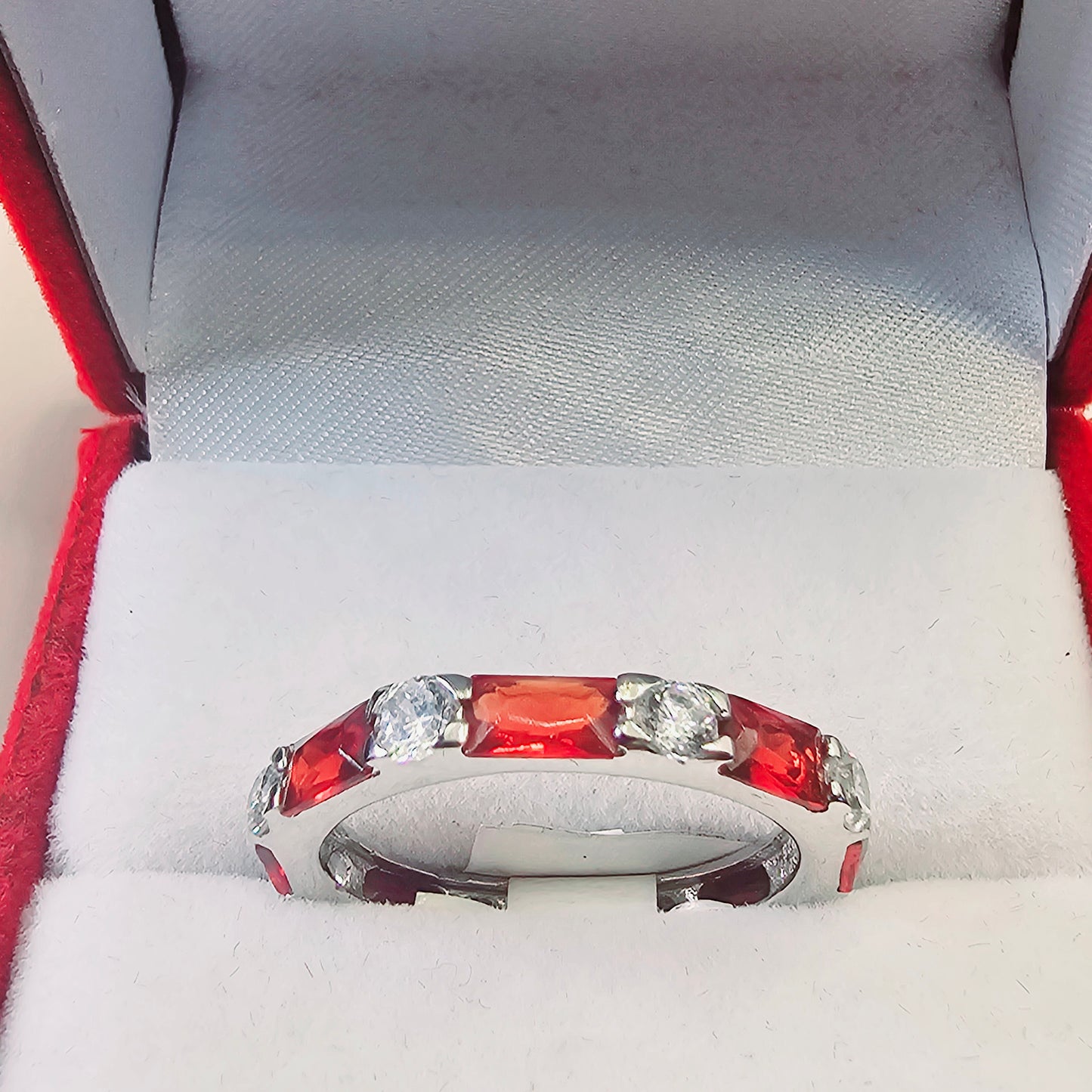 Silver 925 Rhodium Plated Red Baguette Clear CZ Eternity Ring (Copia)