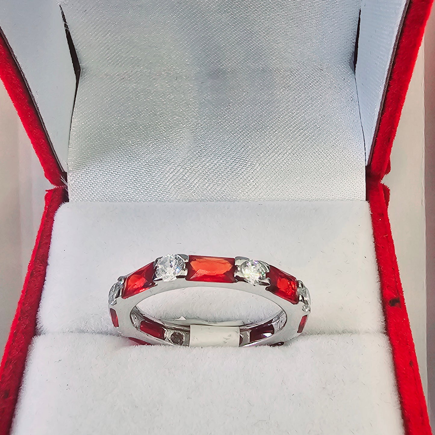 Silver 925 Rhodium Plated Red Baguette Clear CZ Eternity Ring (Copia)