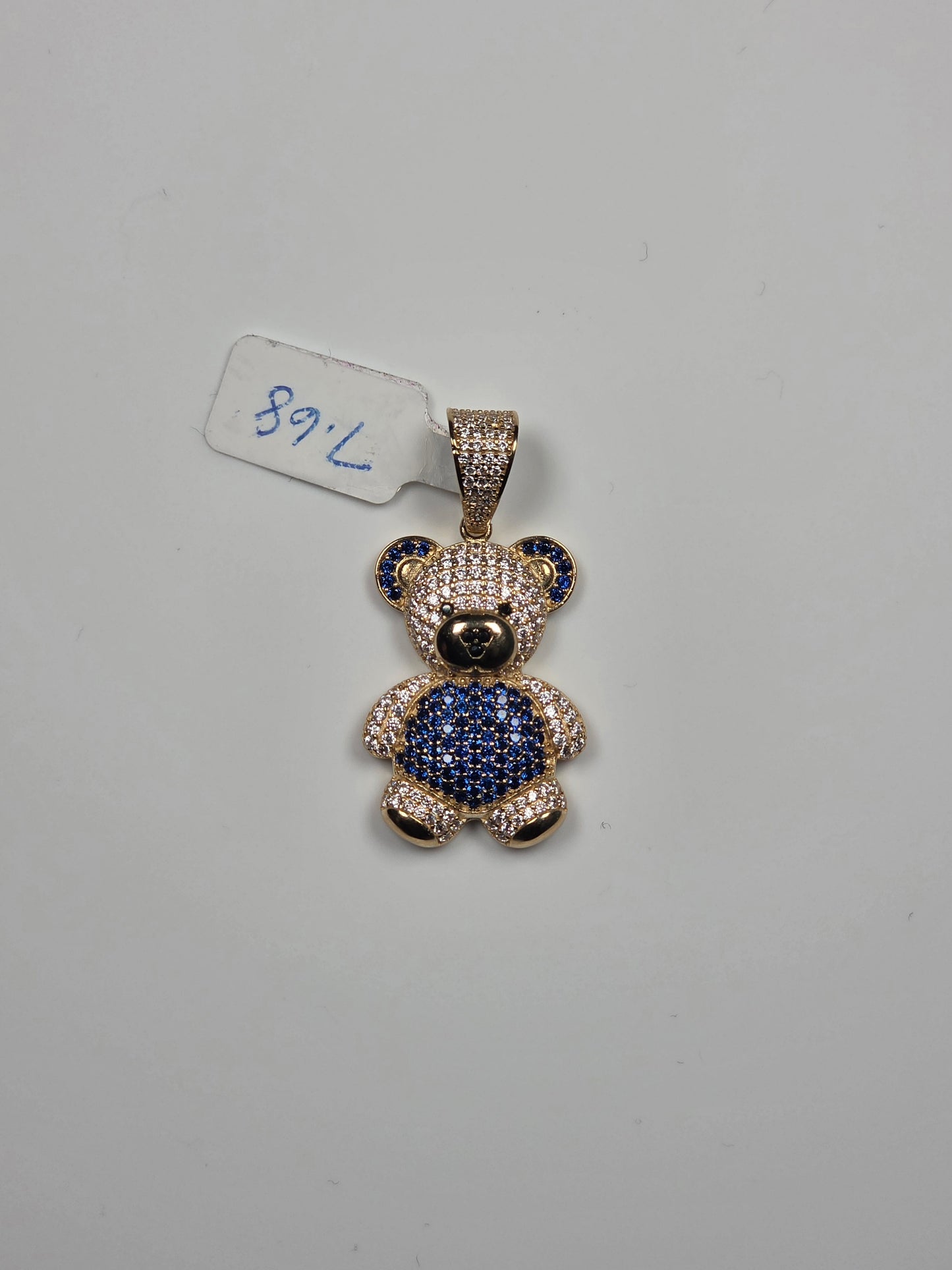 14K Yellow Gold Blue Stone Teddy Bear Pendant