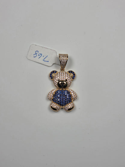 14K Yellow Gold Blue Stone Teddy Bear Pendant