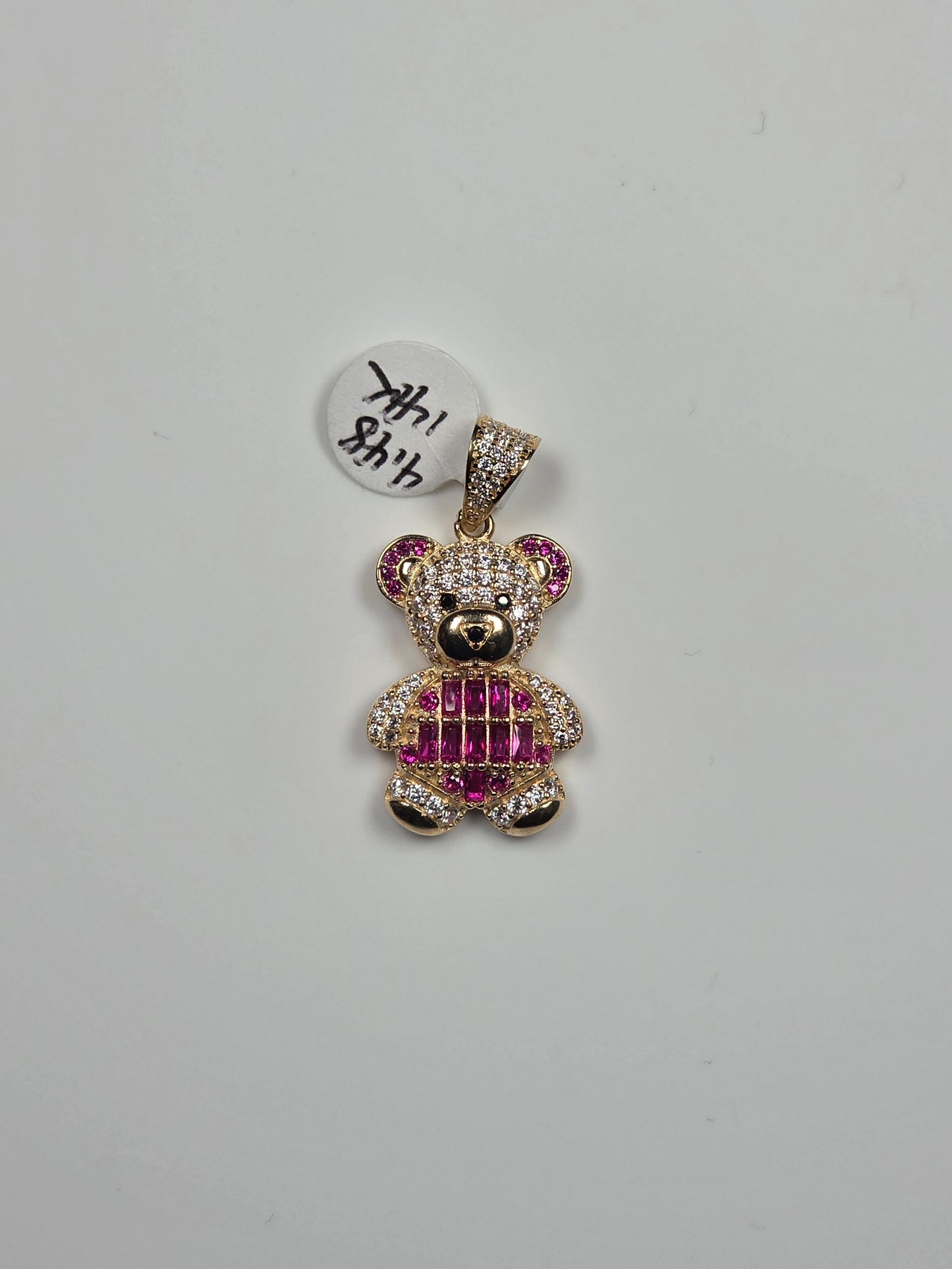 14K Yellow Gold Pink and Purple Teddy Bear Pendant