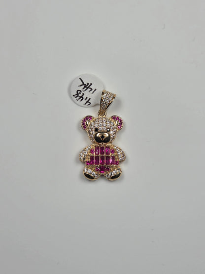 14K Yellow Gold Pink and Purple Teddy Bear Pendant