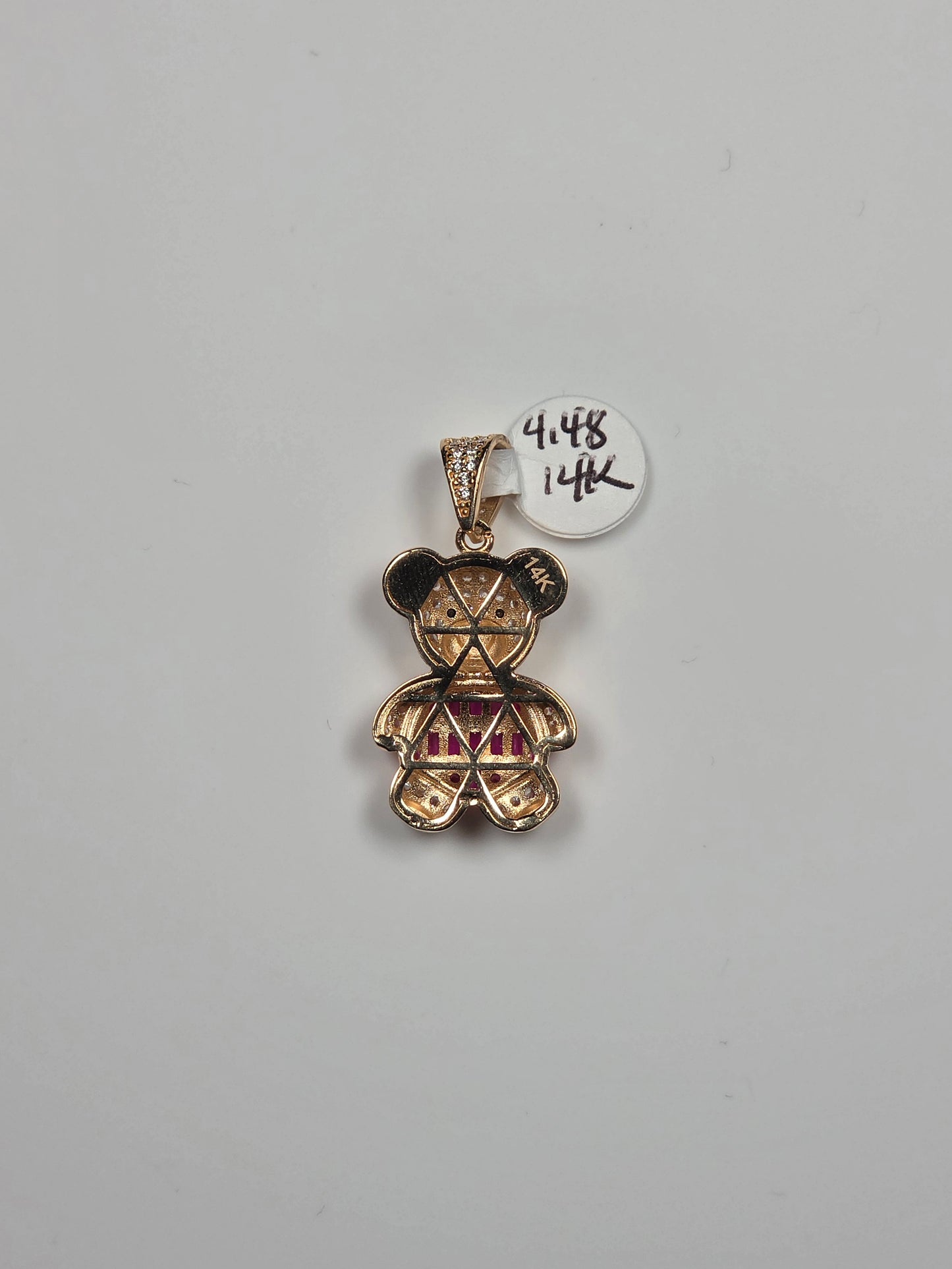14K Yellow Gold Pink and Purple Teddy Bear Pendant