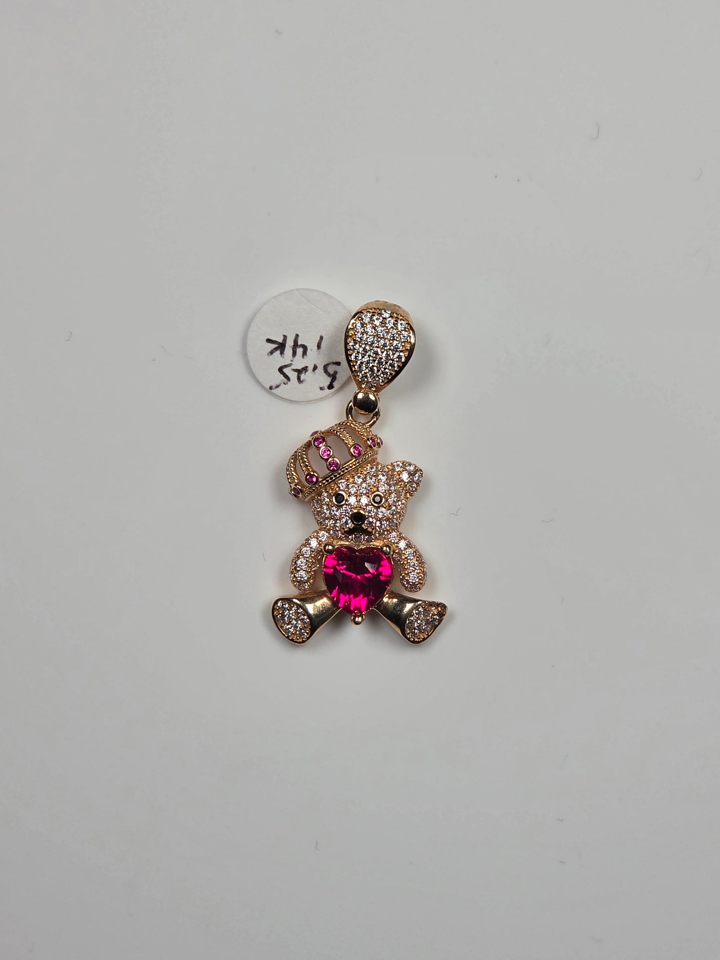 14K Yellow Gold Crowned Teddy Bear Heart Pendant