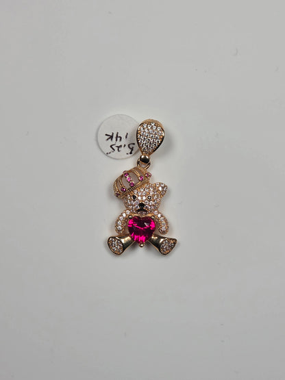 14K Yellow Gold Crowned Teddy Bear Heart Pendant