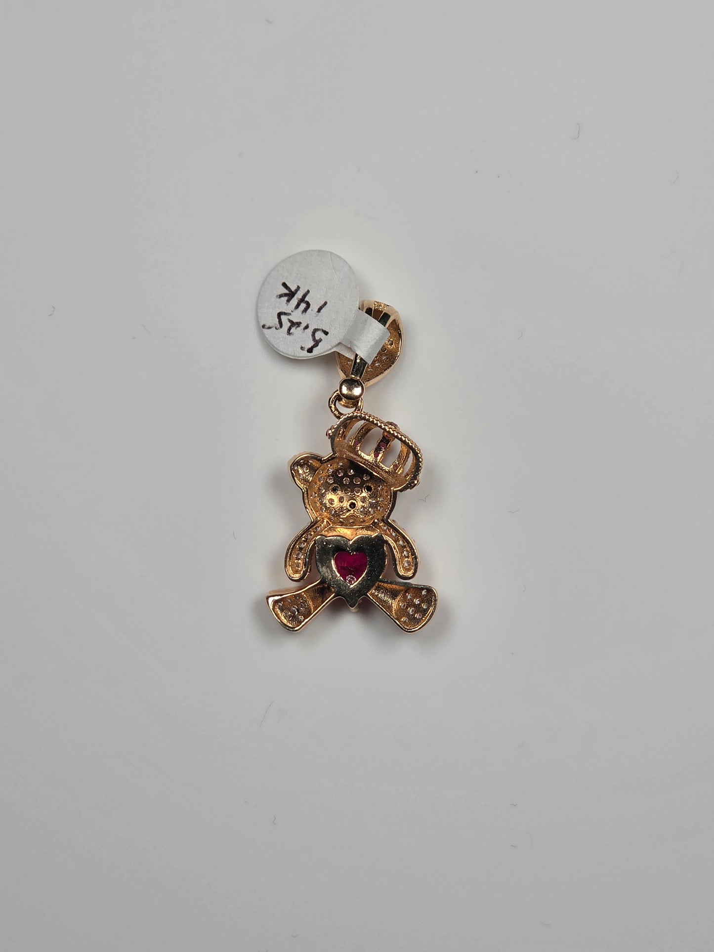 14K Yellow Gold Crowned Teddy Bear Heart Pendant