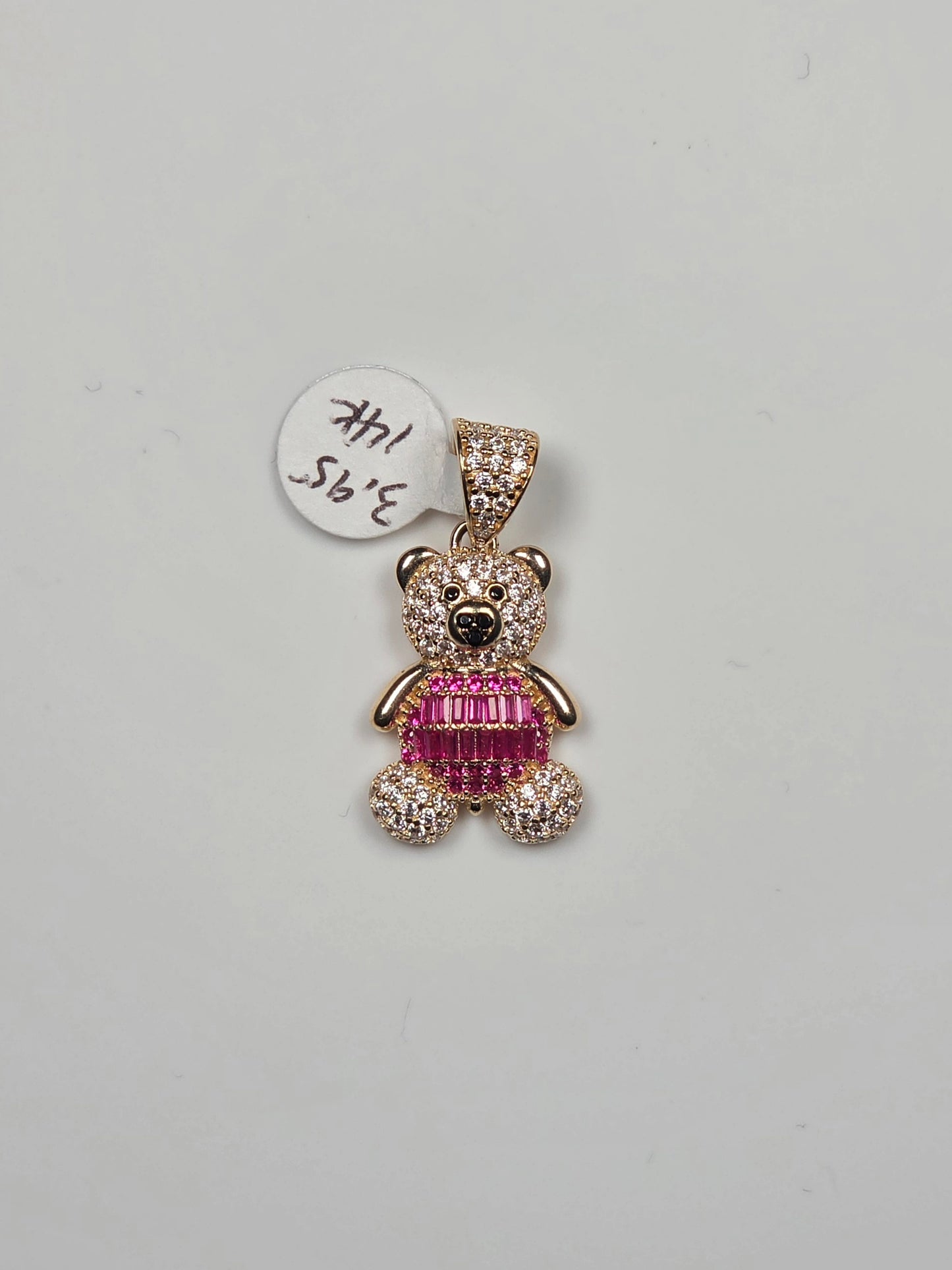 14K Yellow Gold Pink Dress Teddy Bear Pendant