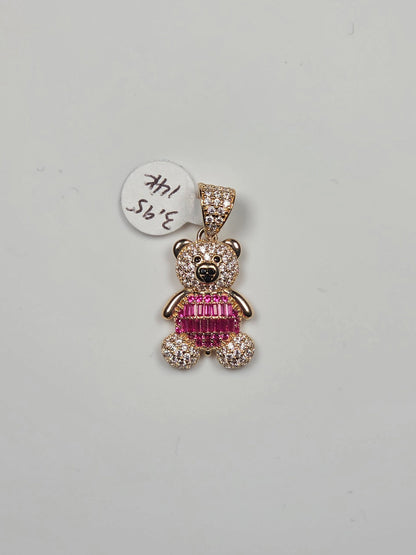 14K Yellow Gold Pink Dress Teddy Bear Pendant