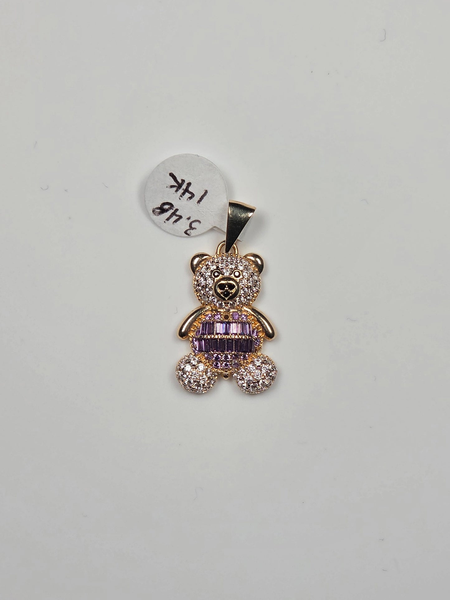 14K Yellow Gold Purple Dress Teddy Bear Pendant