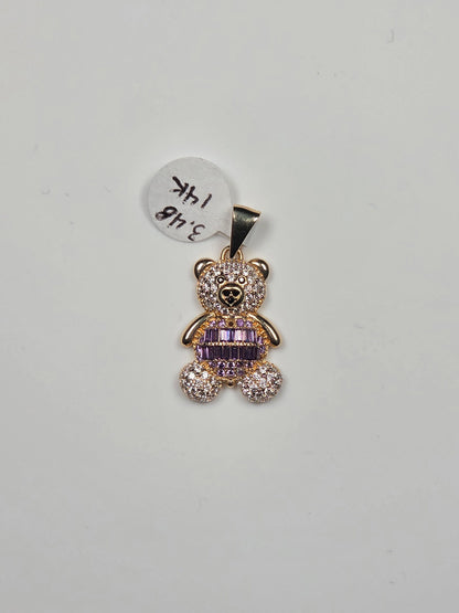 14K Yellow Gold Purple Dress Teddy Bear Pendant