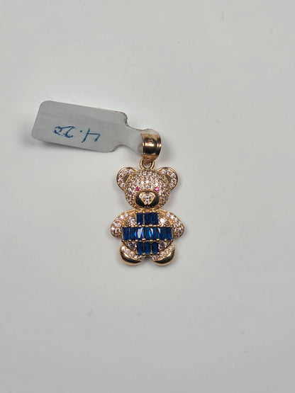 14K Yellow Gold Royal Blue Teddy Bear Pendant