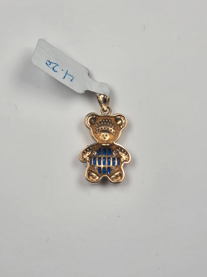 14K Yellow Gold Royal Blue Teddy Bear Pendant