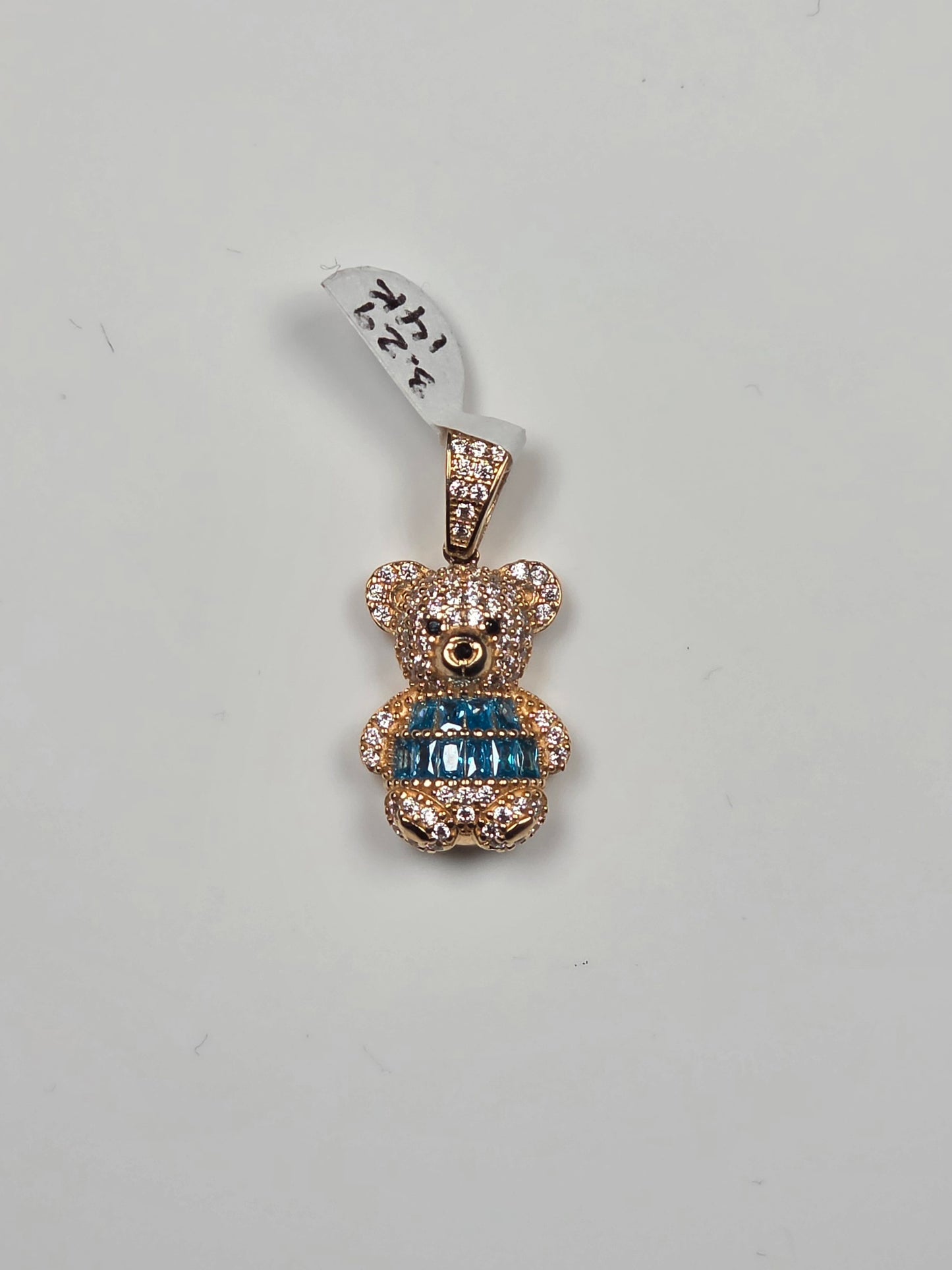 14K Yellow Gold Aqua Blue Teddy Bear Pendant