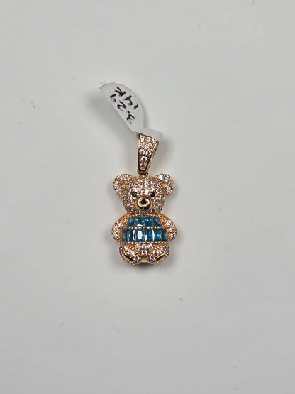14K Yellow Gold Aqua Blue Teddy Bear Pendant