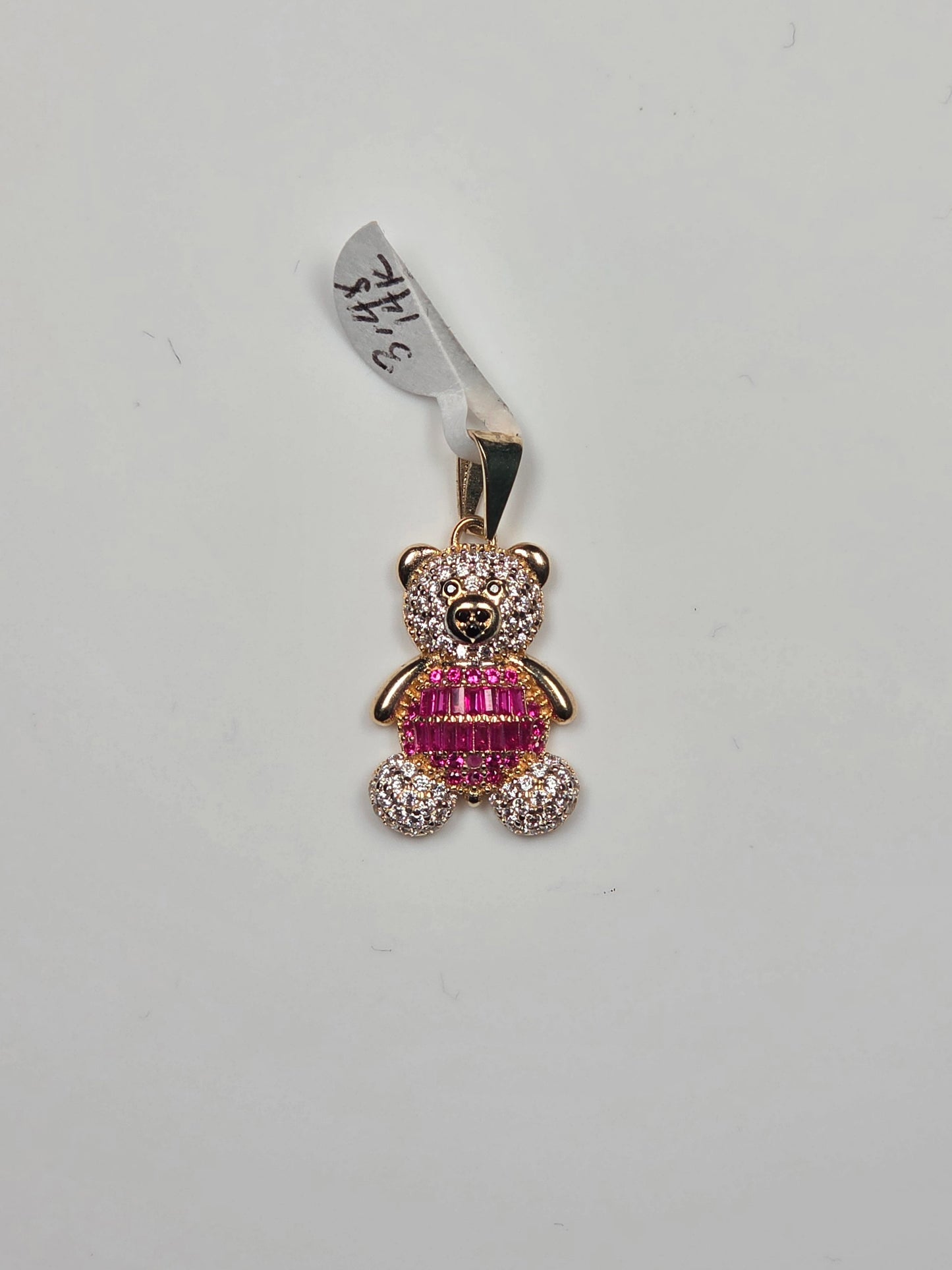 14K Yellow Gold Petite Pink Teddy Bear Pendant