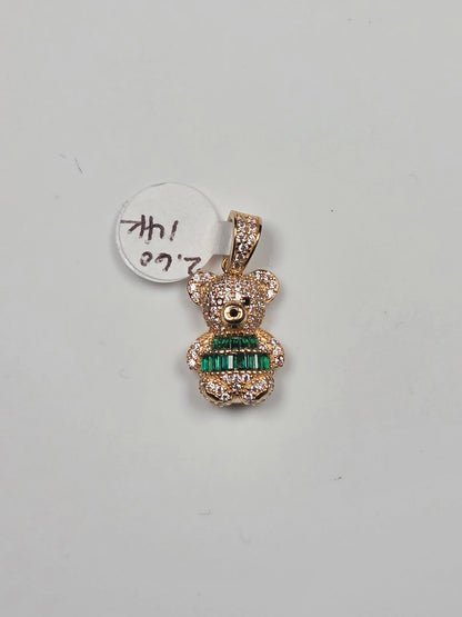 14K Yellow Gold Emerald Green Teddy Bear Pendant