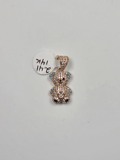14K Yellow Gold Rose-Detail Teddy Bear Pendant