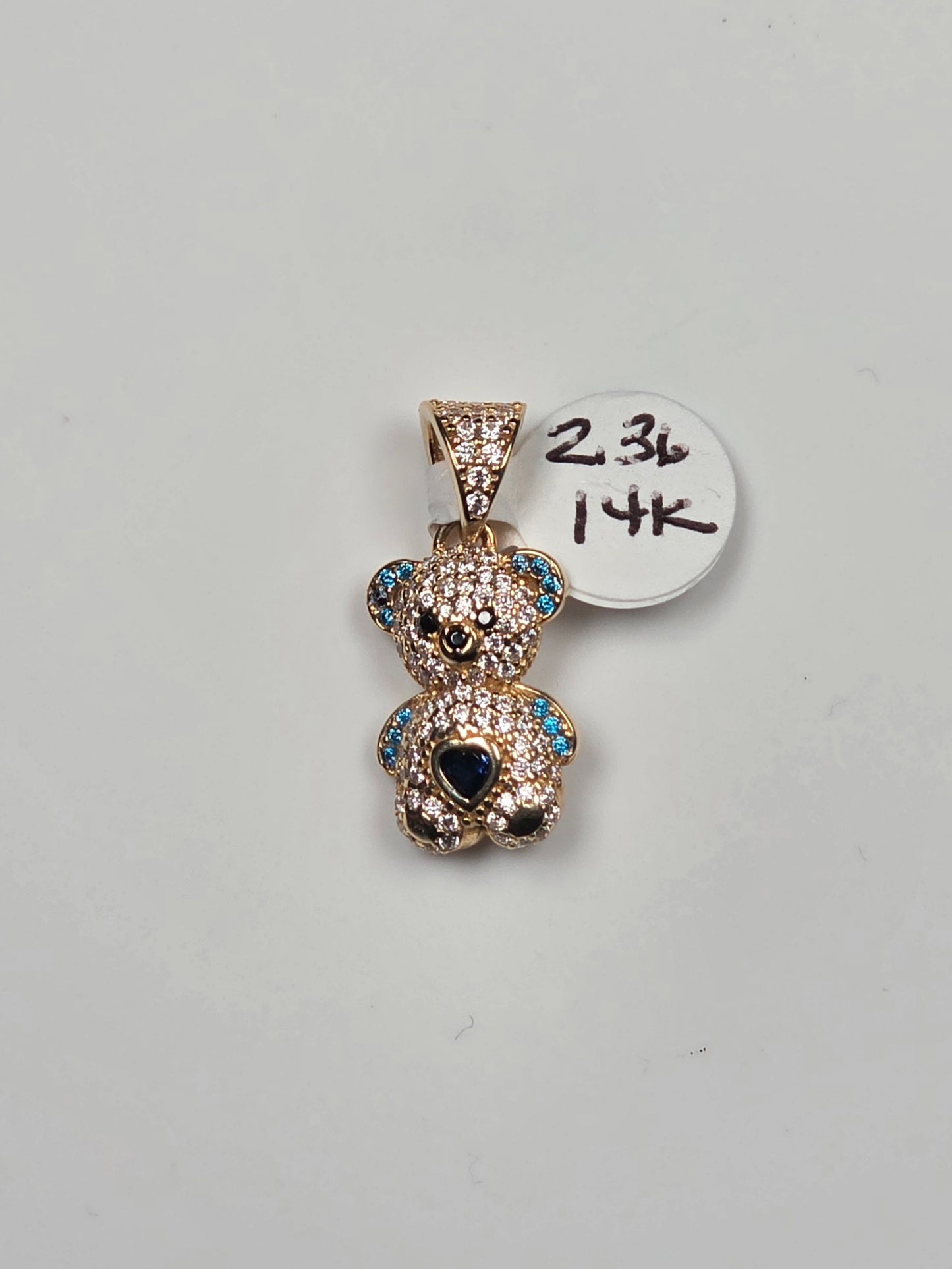 14K Yellow Gold Blue Halo Teddy Bear Heart Pendant