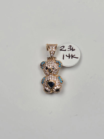 14K Yellow Gold Blue Halo Teddy Bear Heart Pendant