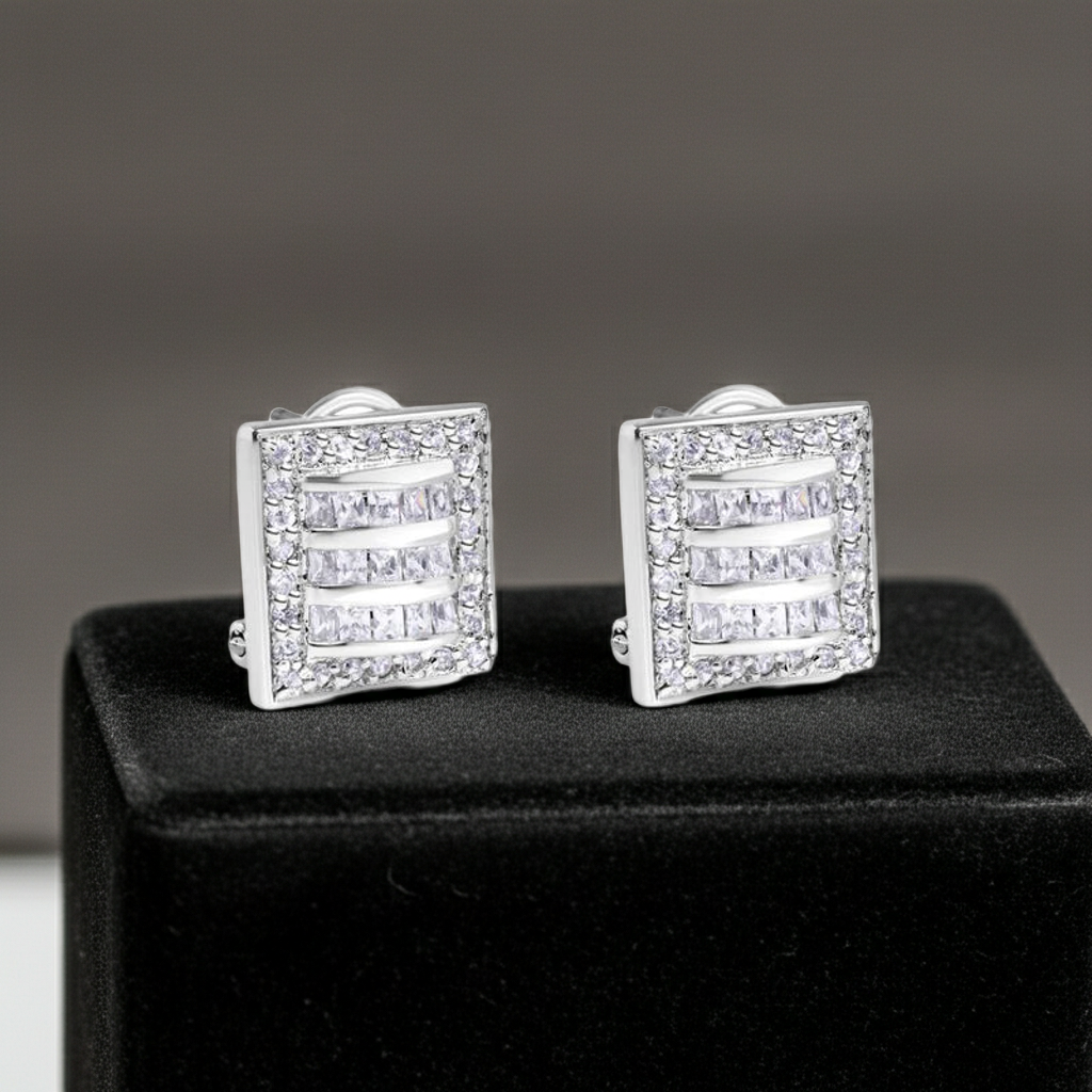 925 Sterling Silver Square Linear Design Clear CZ