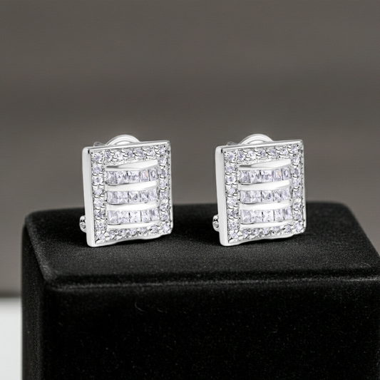 925 Sterling Silver Square Linear Design Clear CZ