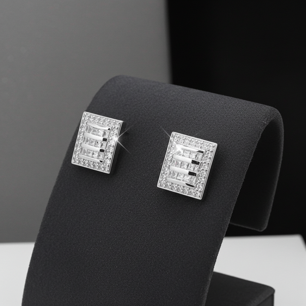 925 Sterling Silver Square Linear Design Clear CZ