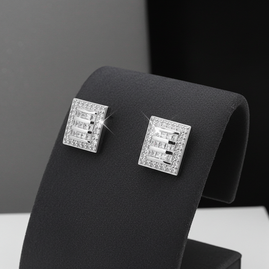 925 Sterling Silver Square Linear Design Clear CZ