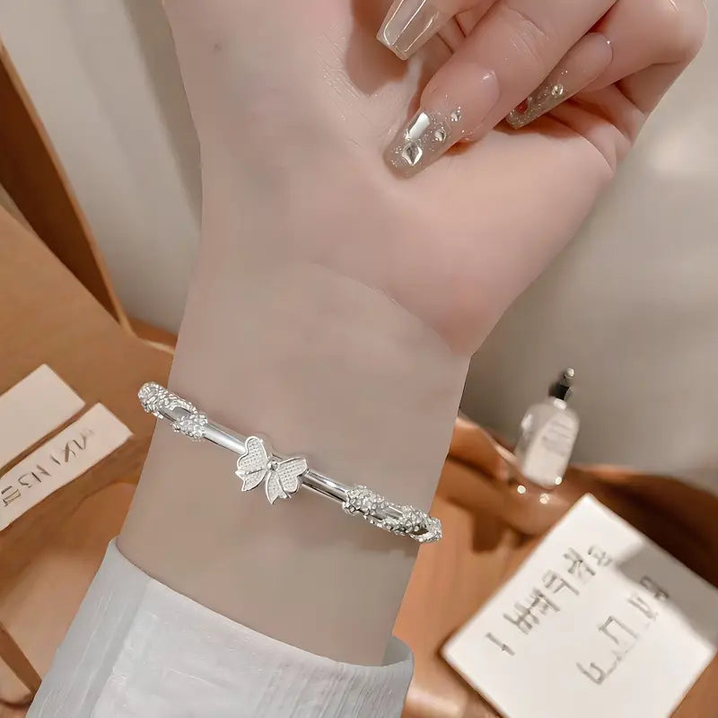 Pulsera de plata de ley S999 para mujer, pulsera de plata de ley con cierre de empuje, ajustable libremente