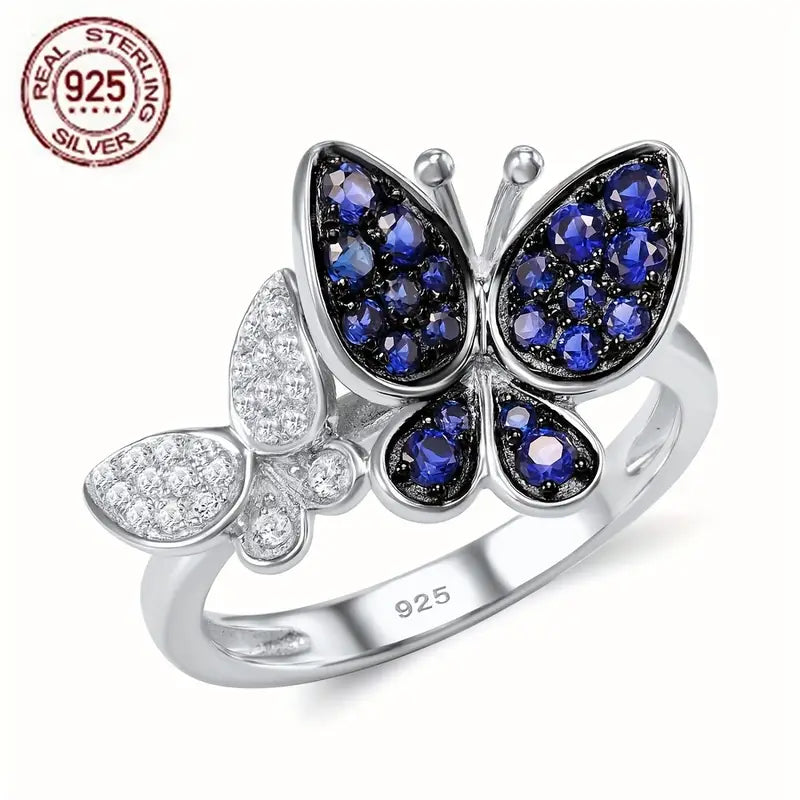 Anillo Elegante de Mariposa en Plata 925 con Zirconia Sintética Azul Exquisita para Mujer