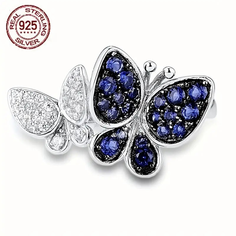 Anillo Elegante de Mariposa en Plata 925 con Zirconia Sintética Azul Exquisita para Mujer