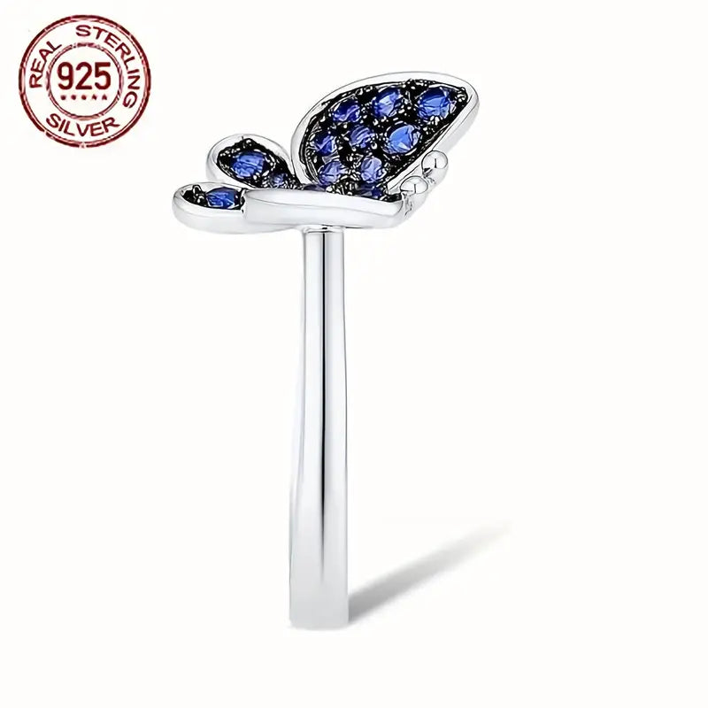 Anillo Elegante de Mariposa en Plata 925 con Zirconia Sintética Azul Exquisita para Mujer