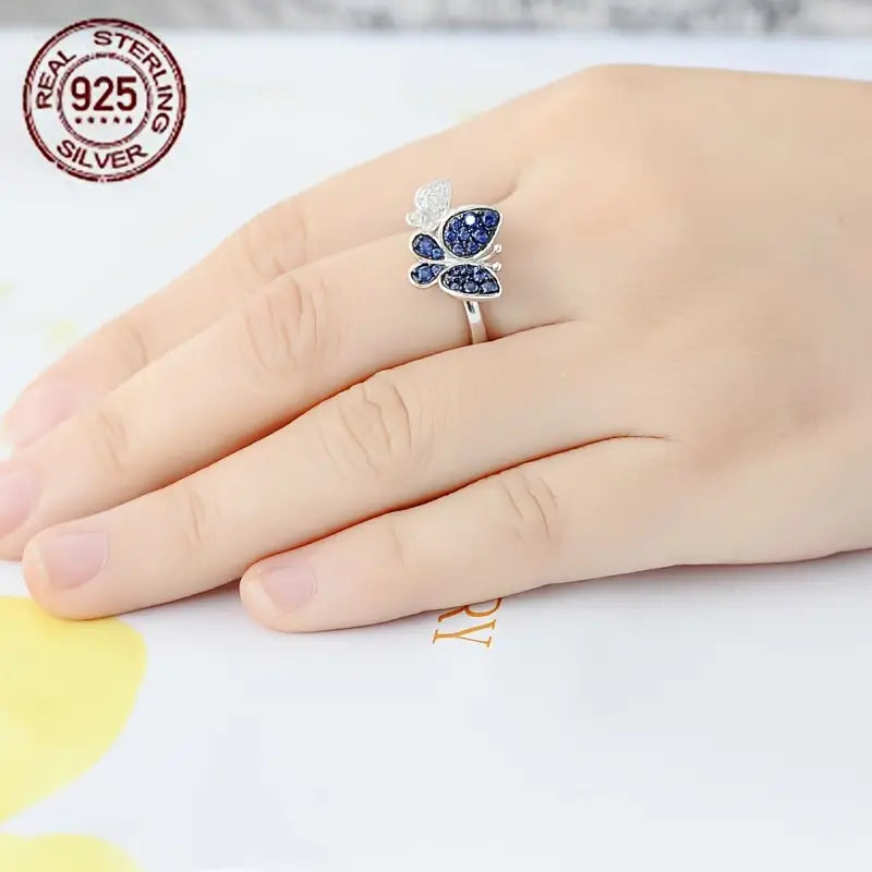 Anillo Elegante de Mariposa en Plata 925 con Zirconia Sintética Azul Exquisita para Mujer