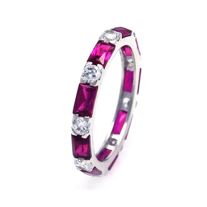 Silver 925 Rhodium Plated Pink Baguette Clear CZ Eternity Ring