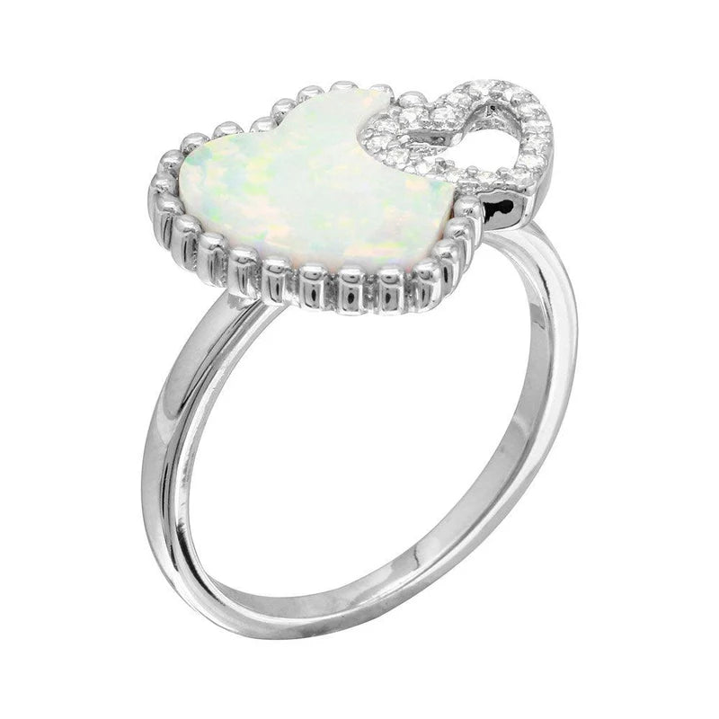 Rhodium Plated 925 Sterling Silver Double Opal and CZ Heart Ring