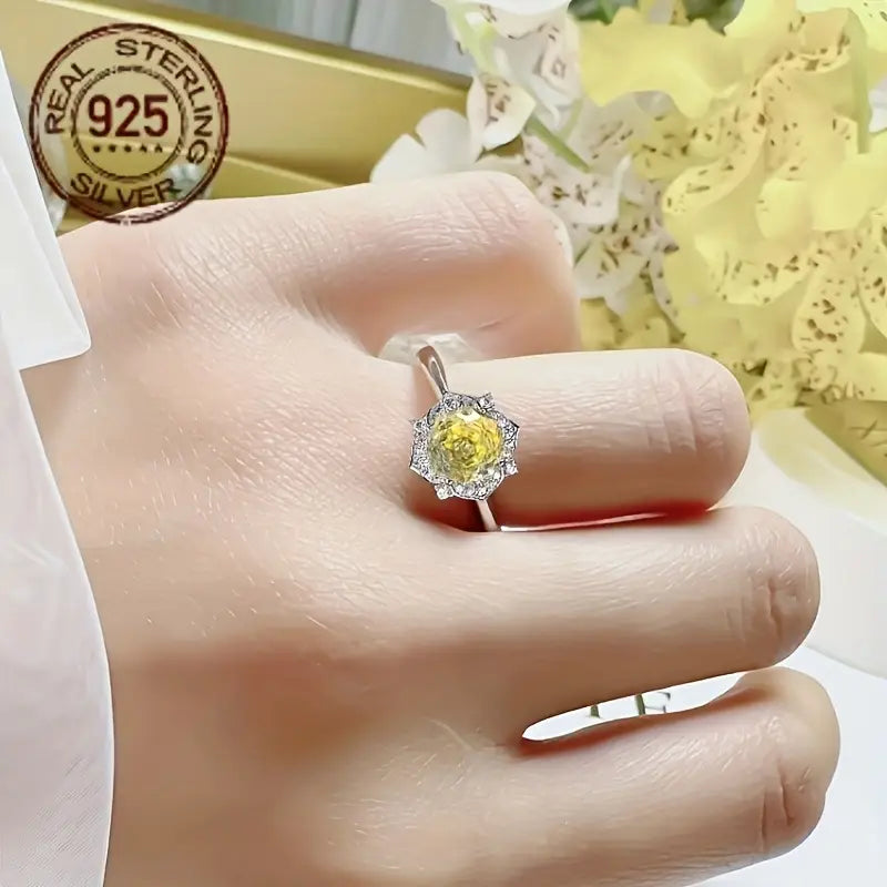 Anillo de Rosa Octogonal para Mujer,  Plata de Ley 925 y Oro Blanco, con Zirconia Sintética