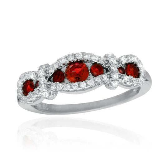 Rhodium Plated 925 Sterling Silver Knotted Red CZ Ring