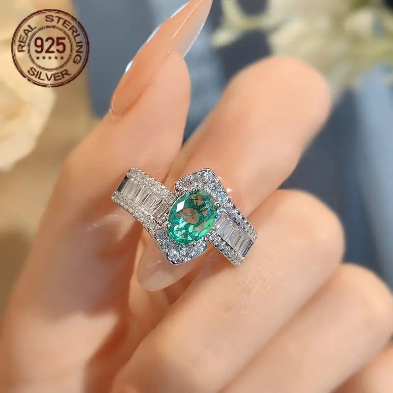 Anillos de Compromiso de Plata Esterlina 925 para Mujeres con Anillo de Circonita Sintética Verde