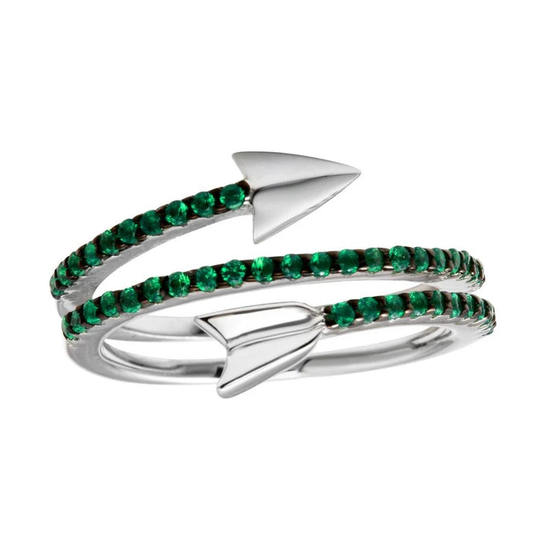 Rhodium Plated 925 Sterling Silver Wrap Arrow Green CZ Ring