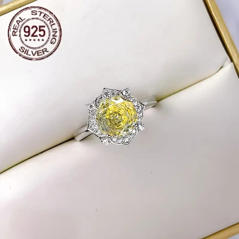 Anillo de Rosa Octogonal para Mujer,  Plata de Ley 925 y Oro Blanco, con Zirconia Sintética