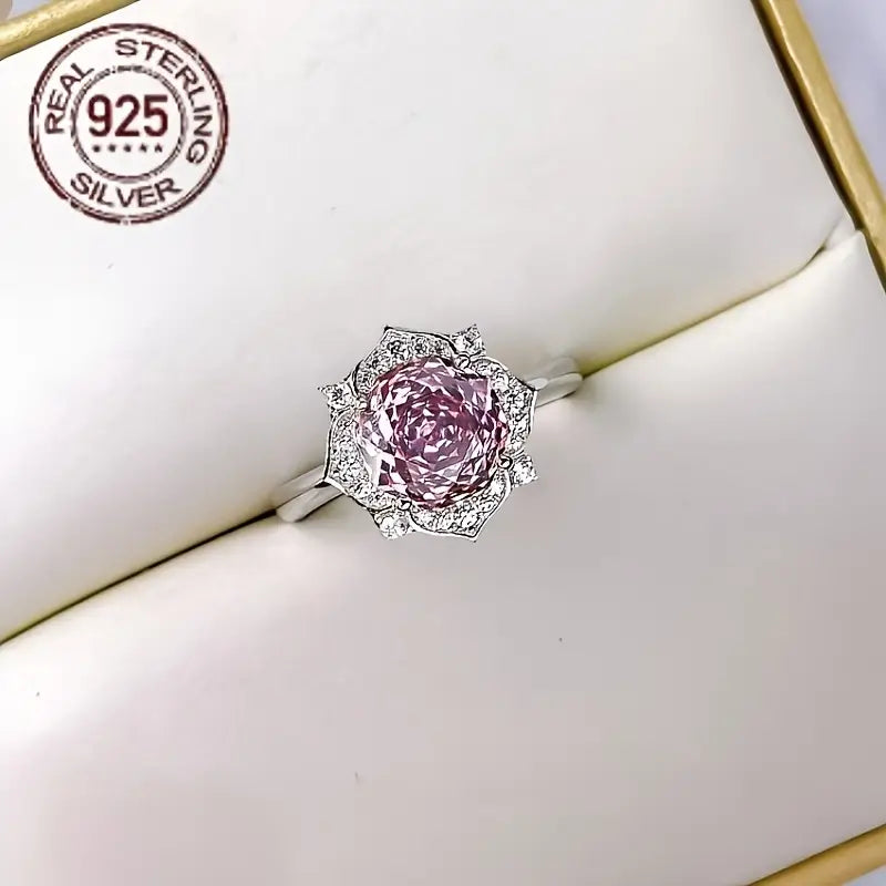 Anillo de Rosa Octogonal para Mujer,  Plata de Ley 925 y Oro Blanco, con Zirconia Sintética