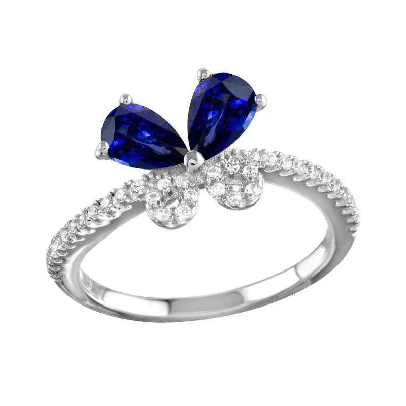 Rhodium Plated 925 Sterling Silver Blue Butterfly CZ Ring