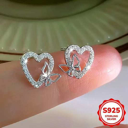 Pendientes en Forma de Corazón con Diseño de Mariposa Hueca, Plata Esterlina S925, Circonita Sintética