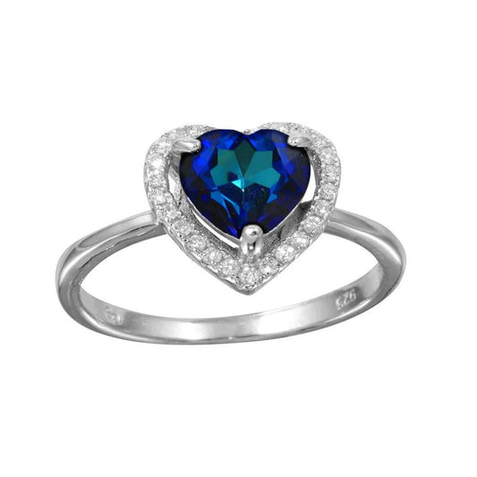 Rhodium Plated 925 Sterling Silver Blue Halo Heart Ring