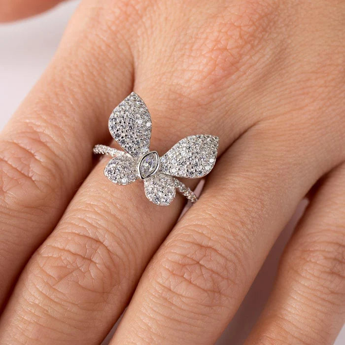 Rhodium Plated 925 Sterling Silver Butterfly CZ Ring