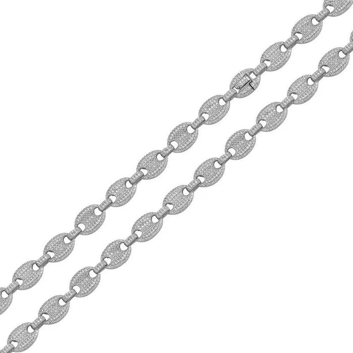 Rhodium Plated 925 Sterling Silver CZ Encrusted Oval Link Chain or Bracelet 8mm