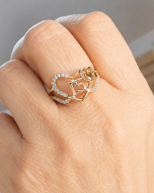 14K Gold Heart Quinceañera Ring - Anillo de 15 Años 14k