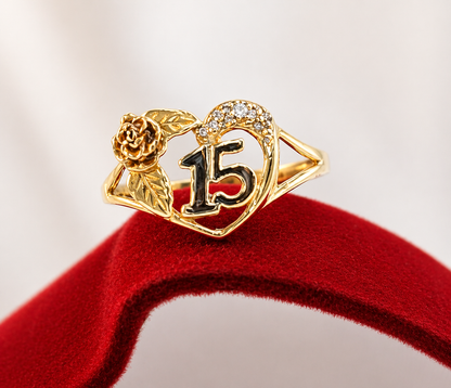 14K Gold Heart w/Flower Quinceañera Ring - Anillo de 15 Años 14k