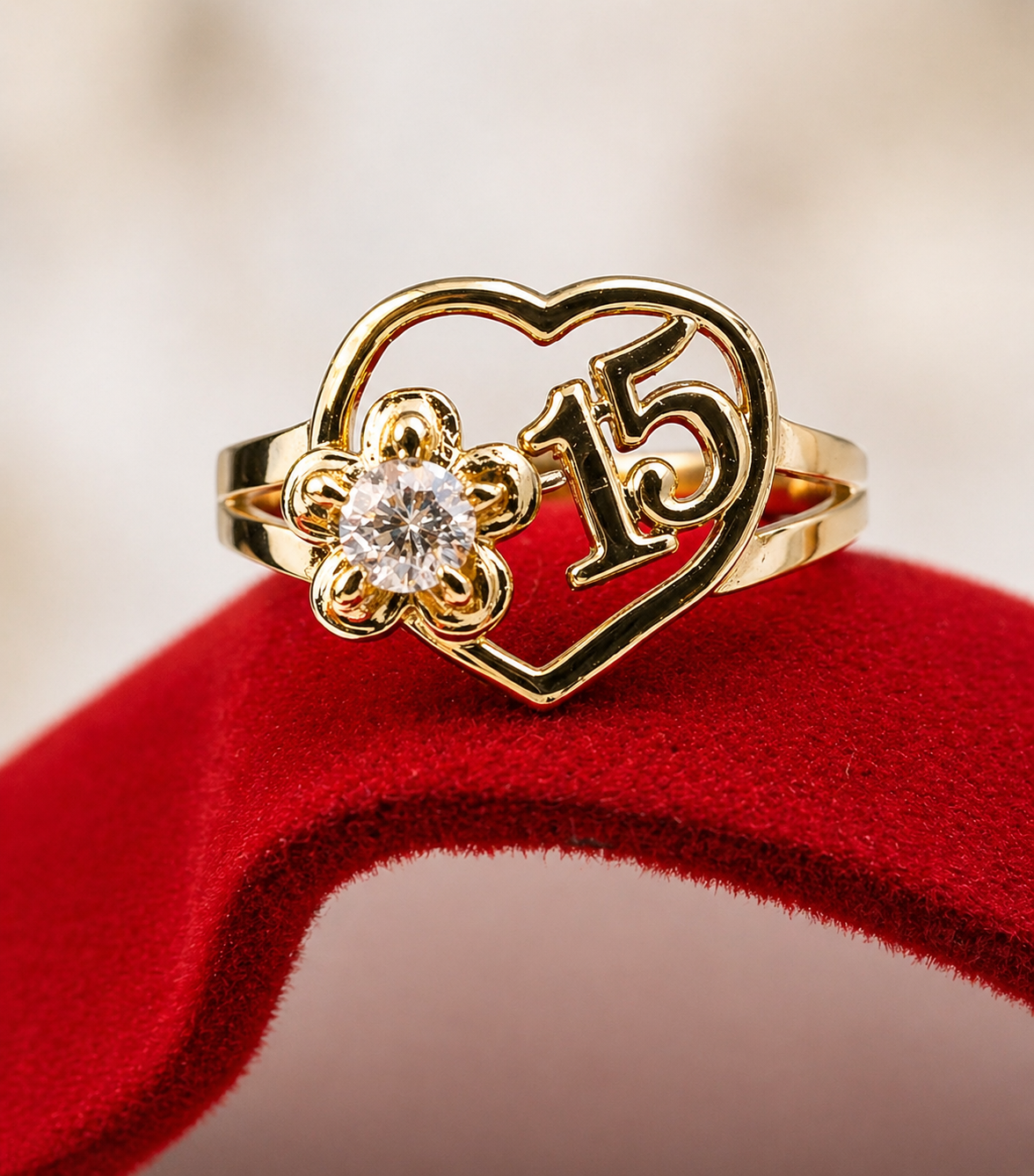 14K Gold Heart w/Flower Quinceañera Ring - Anillo de 15 Años 14k